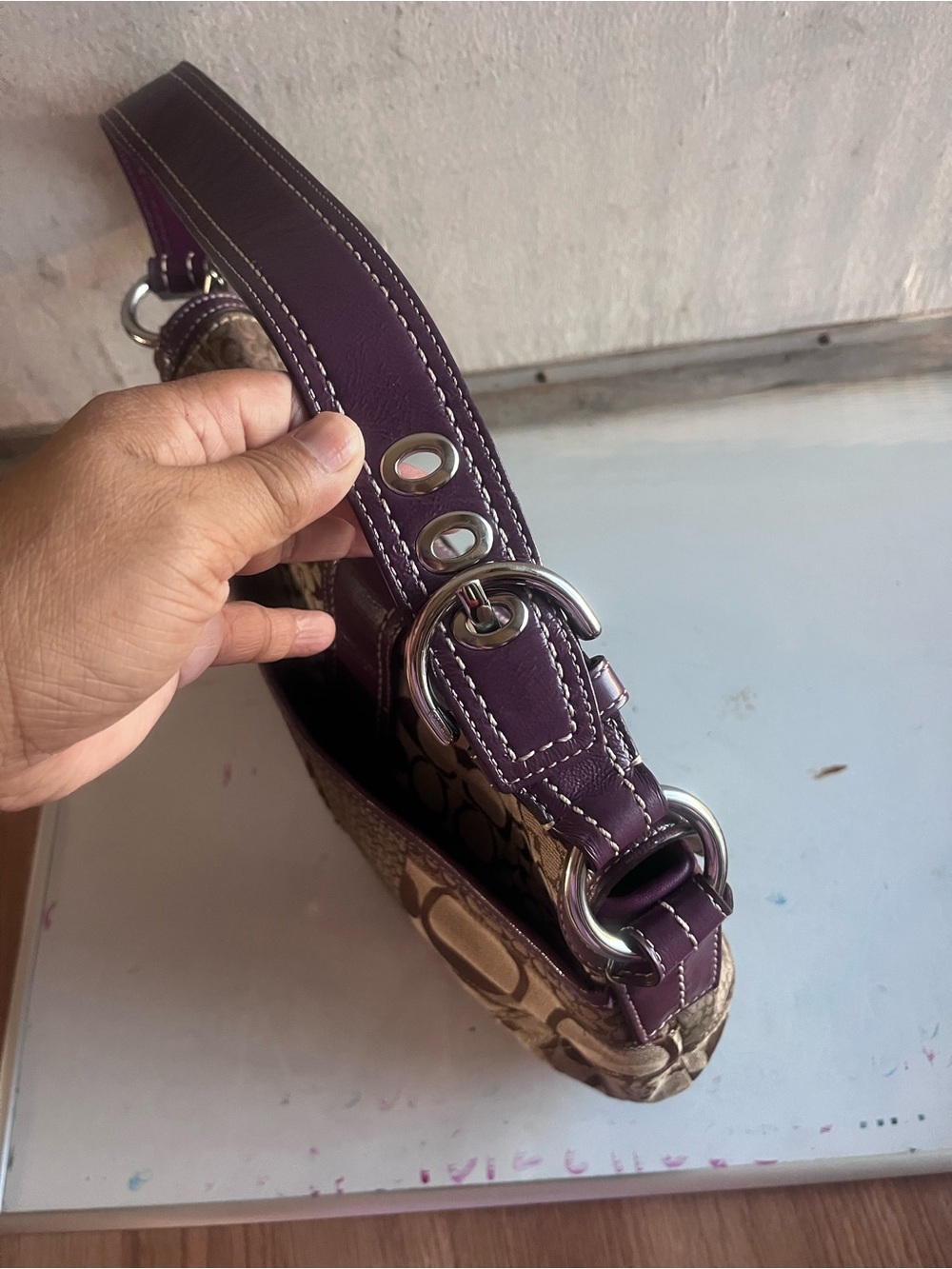 Coach Brown Signature Patchwork Shoulder Bag with Purple Trim - Picture 8 of 12